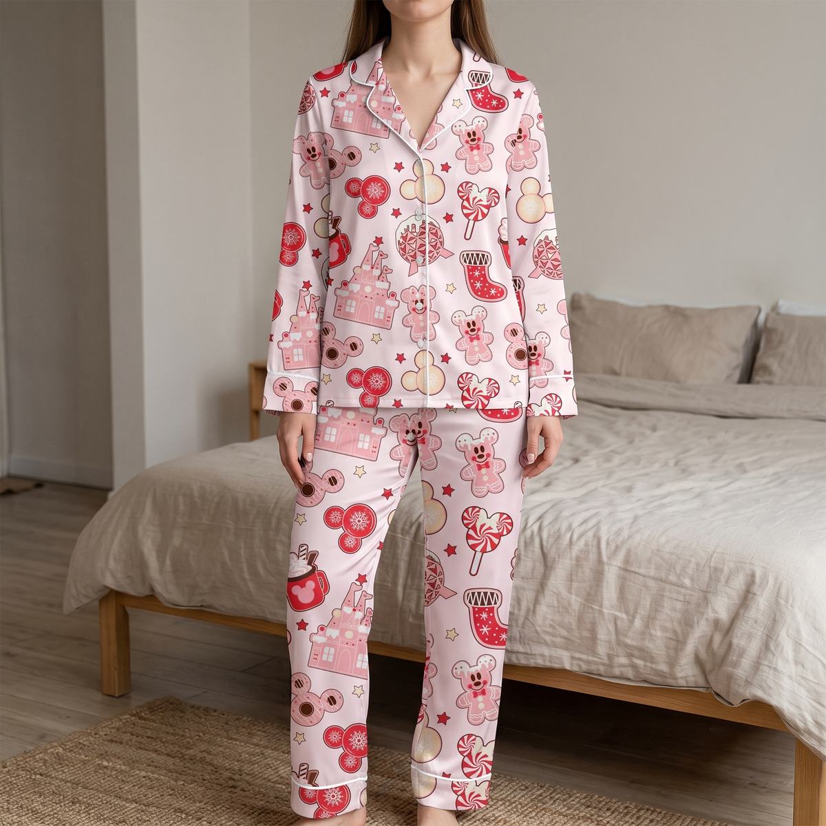 PJ-1941-Disney Mickey Mouse Christmas Satin Pajama Set, Gingerbread Cookies and Sweet Holiday Sleepwear