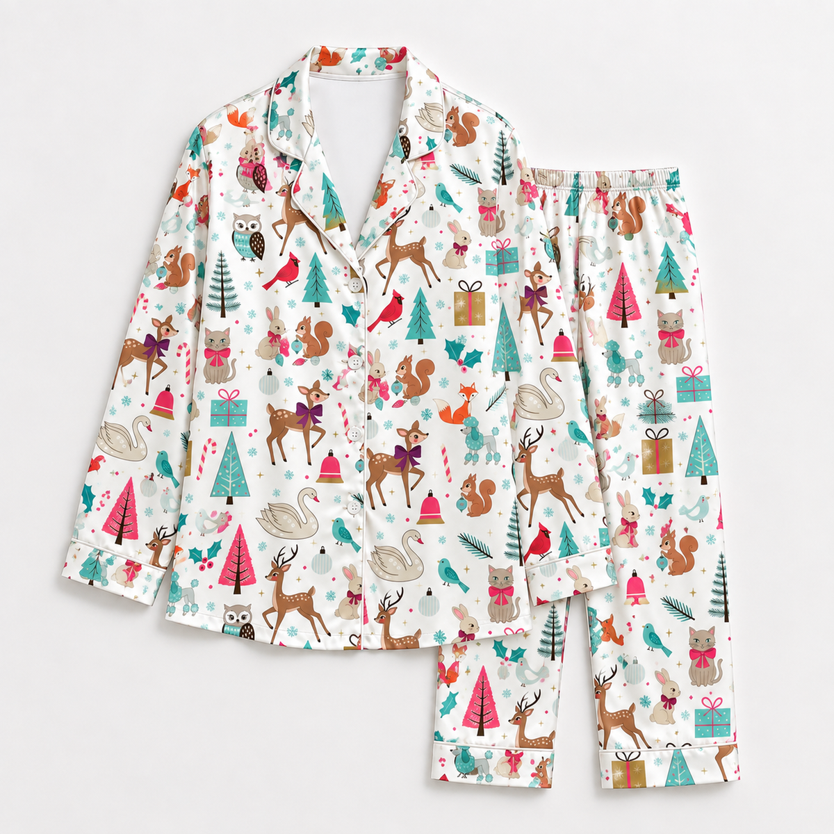 PJ-1942-Christmas Pajama Set, Woodland Animal Holiday Pajamas, Deer Squirrel Owl Winter Forest Sleepwear, Festive Christmas PJs