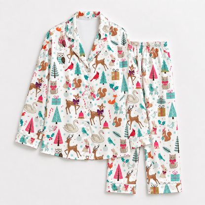 PJ-1942-Christmas Pajama Set, Woodland Animal Holiday Pajamas, Deer Squirrel Owl Winter Forest Sleepwear, Festive Christmas PJs