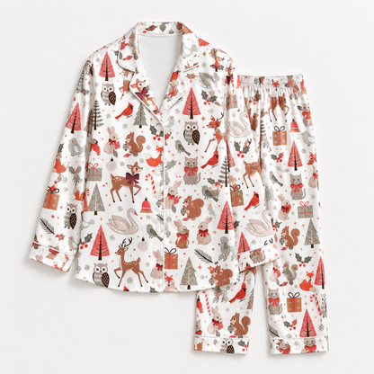 PJ-1943-Christmas Pajama Set, Woodland Animal Pajamas, Deer Owl Squirrel Holiday Sleepwear, Winter Forest Christmas PJs