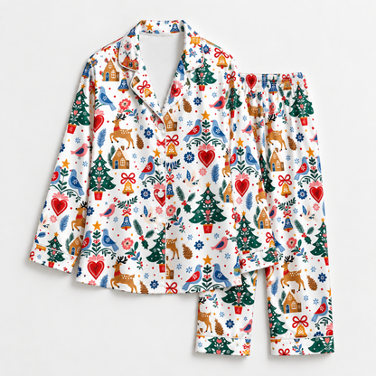 PJ-1944-Christmas Pajama Set, Folk Art Christmas Tree Pajamas, Heart Floral Reindeer Holiday Sleepwear, Scandinavian Style Festive PJs