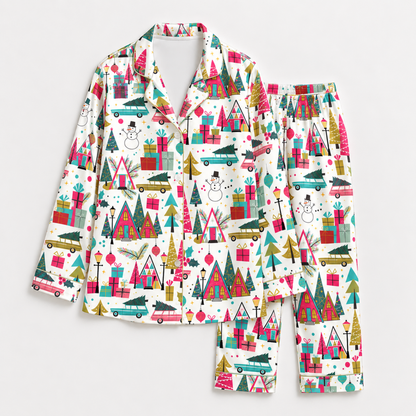 PJ-1945-Christmas Pajama Set, Retro Holiday Village Pajamas, Colorful Christmas Tree Gift Car Sleepwear, Festive Winter PJs