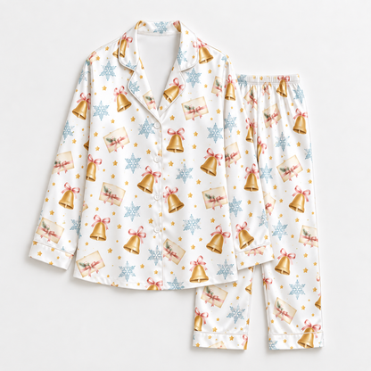 PJ-1946-Christmas Pajama Set, Gold Bell Snowflake Pajamas, Pink Bow Holiday Sleepwear, Elegant Winter Christmas PJs