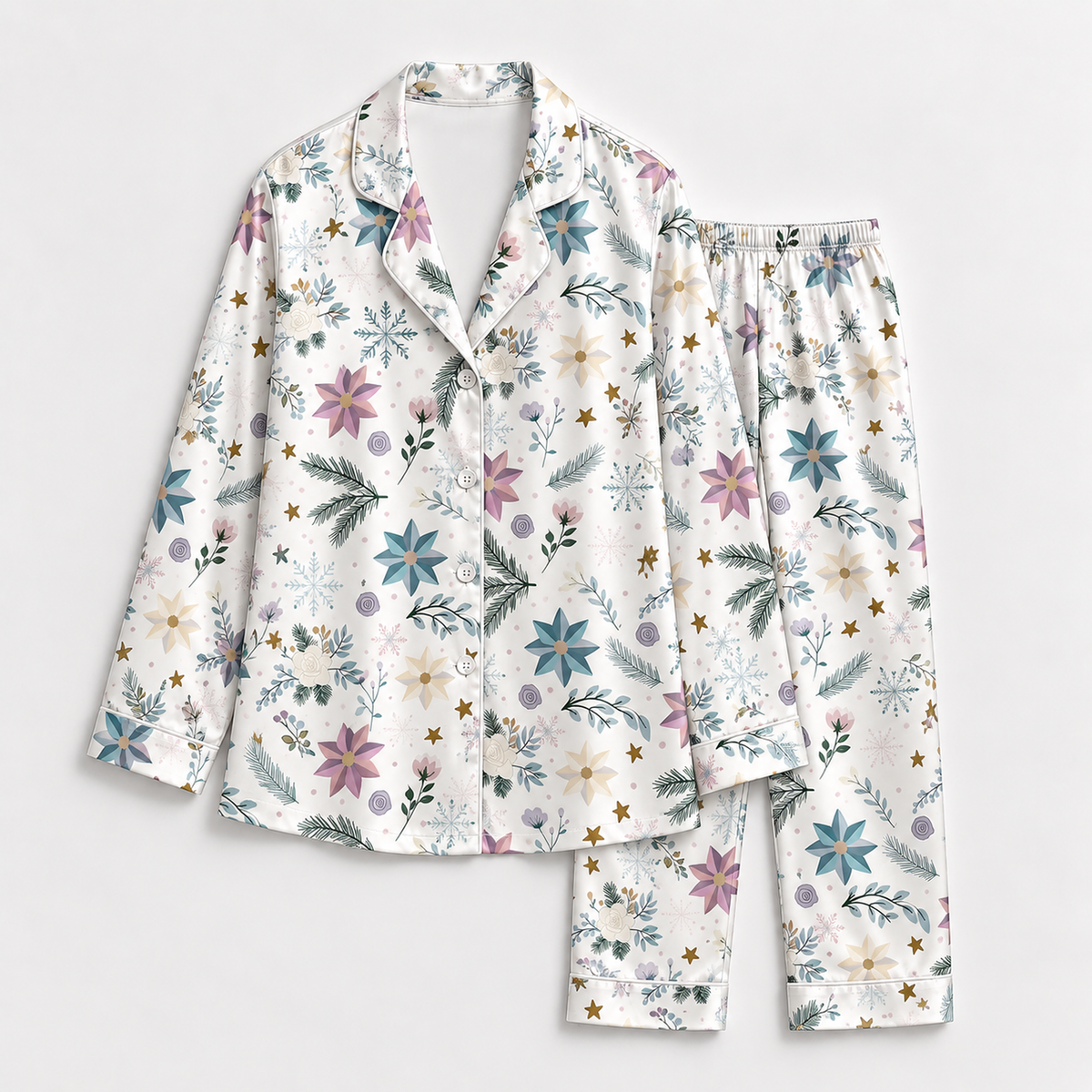 PJ-1947-Christmas Pajama Set, Pastel Snowflake Floral Pajamas, Winter Botanical Holiday Sleepwear, Elegant Festive Christmas PJs