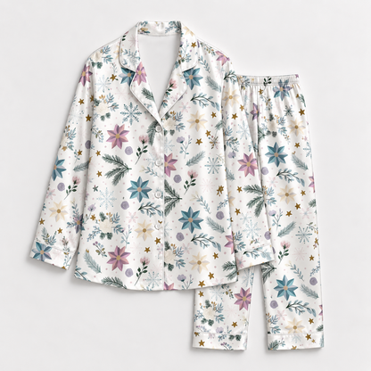 PJ-1947-Christmas Pajama Set, Pastel Snowflake Floral Pajamas, Winter Botanical Holiday Sleepwear, Elegant Festive Christmas PJs