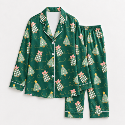 PJ-1949-Christmas Pajama Set, Green Christmas Tree Pajamas, Pink Bow Holiday Sleepwear, Festive Tree Pattern Christmas PJs