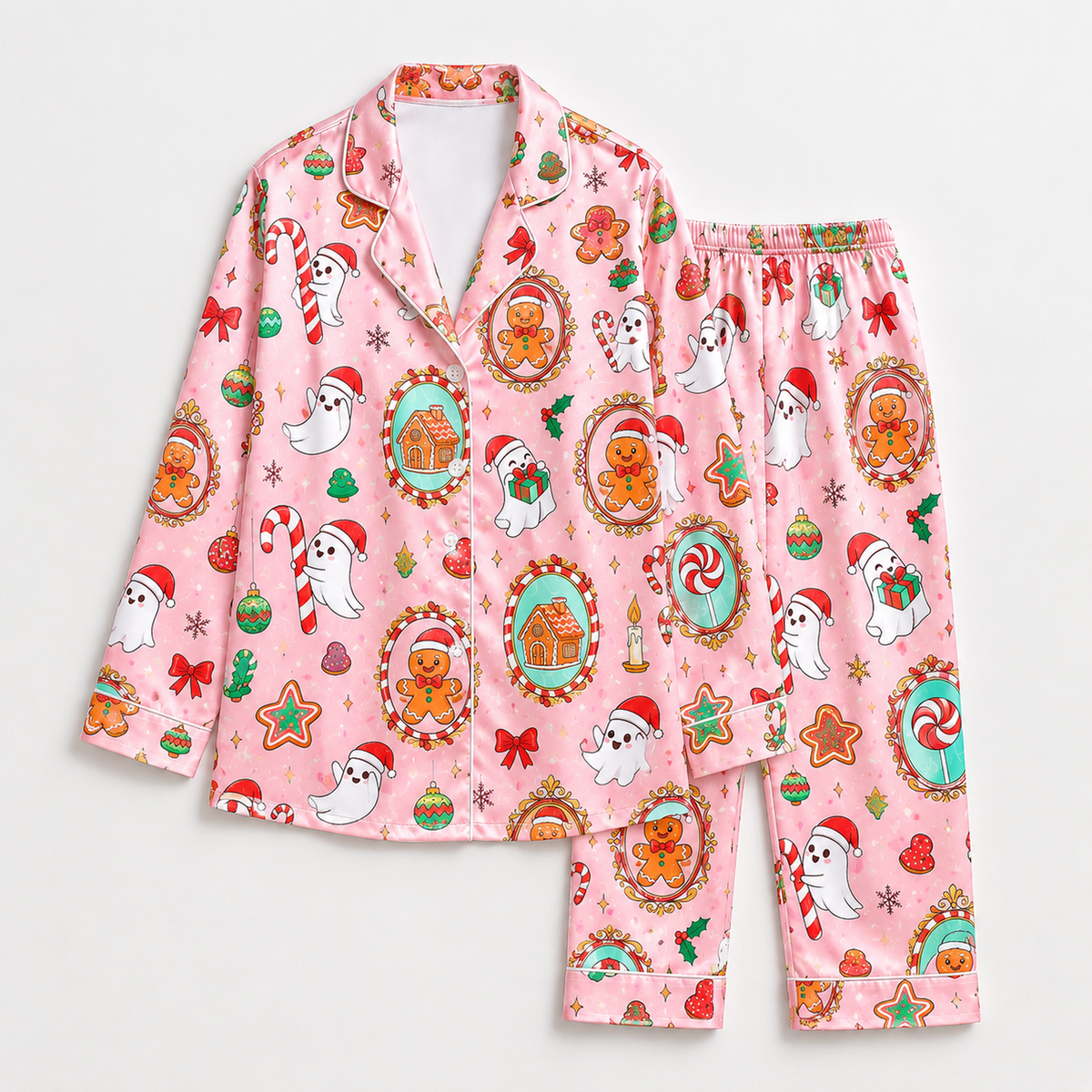 PJ-1950-Pink Christmas Pajama Set, Gingerbread Santa Pajamas, Holiday Cookie Ornament Sleepwear, Whimsical Festive Christmas PJs