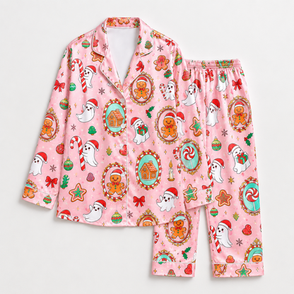 PJ-1950-Pink Christmas Pajama Set, Gingerbread Santa Pajamas, Holiday Cookie Ornament Sleepwear, Whimsical Festive Christmas PJs