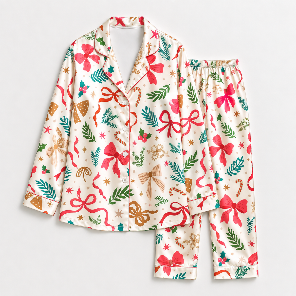 PJ-1951-Christmas Pajama Set, Red Bow Holiday Pajamas, Festive Greenery Gingerbread Sleepwear, Botanical Christmas Gift PJs