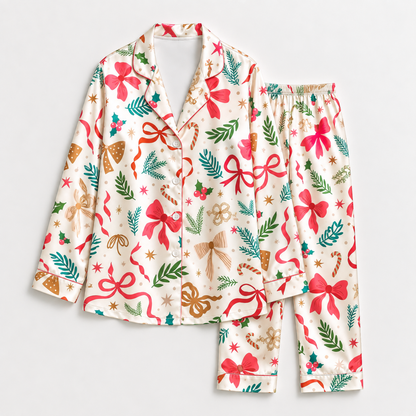 PJ-1951-Christmas Pajama Set, Red Bow Holiday Pajamas, Festive Greenery Gingerbread Sleepwear, Botanical Christmas Gift PJs