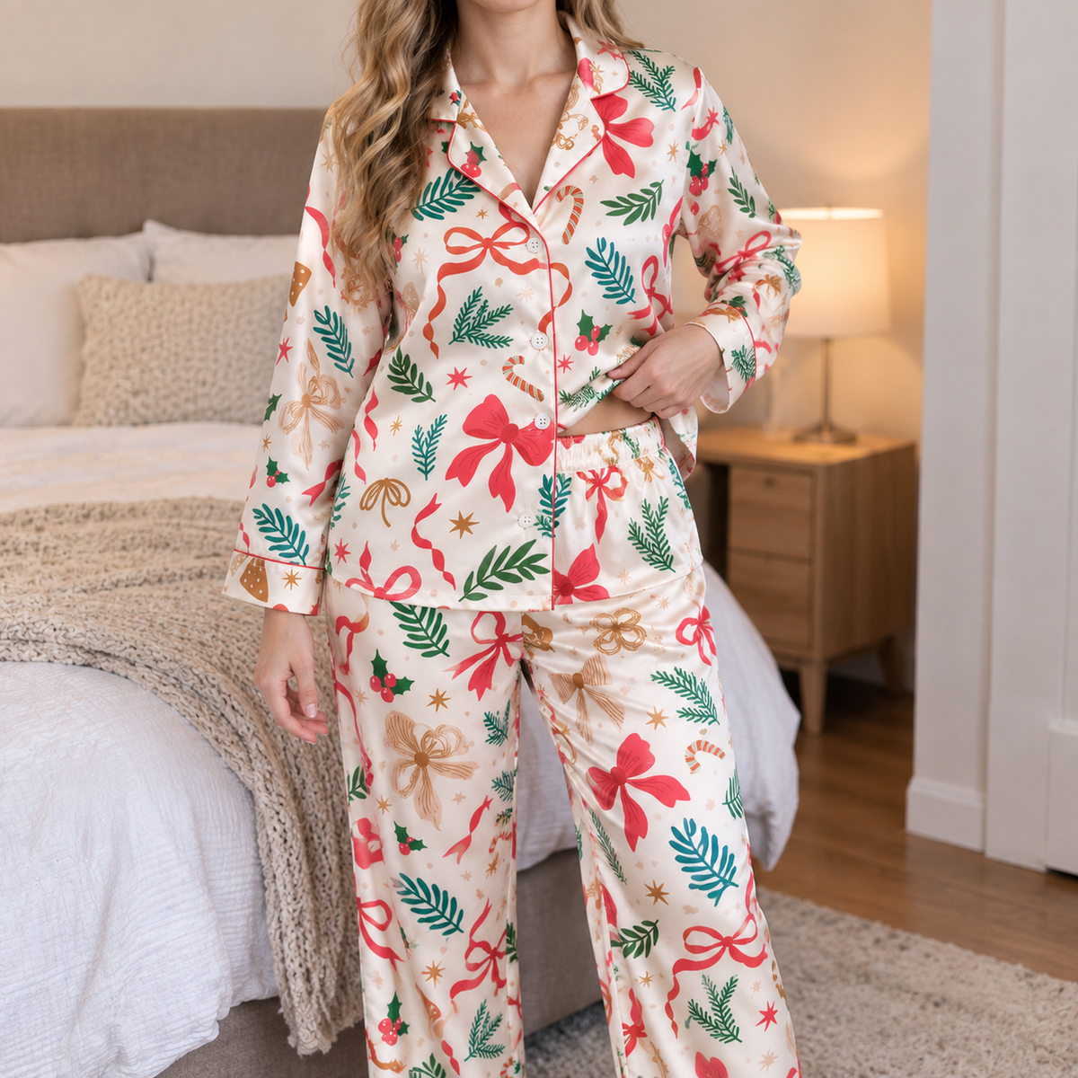PJ-1951-Christmas Pajama Set, Red Bow Holiday Pajamas, Festive Greenery Gingerbread Sleepwear, Botanical Christmas Gift PJs