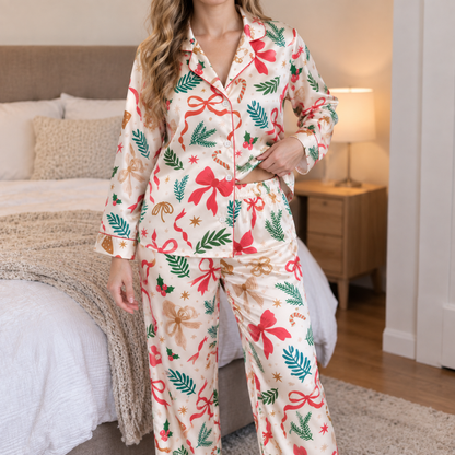 PJ-1951-Christmas Pajama Set, Red Bow Holiday Pajamas, Festive Greenery Gingerbread Sleepwear, Botanical Christmas Gift PJs