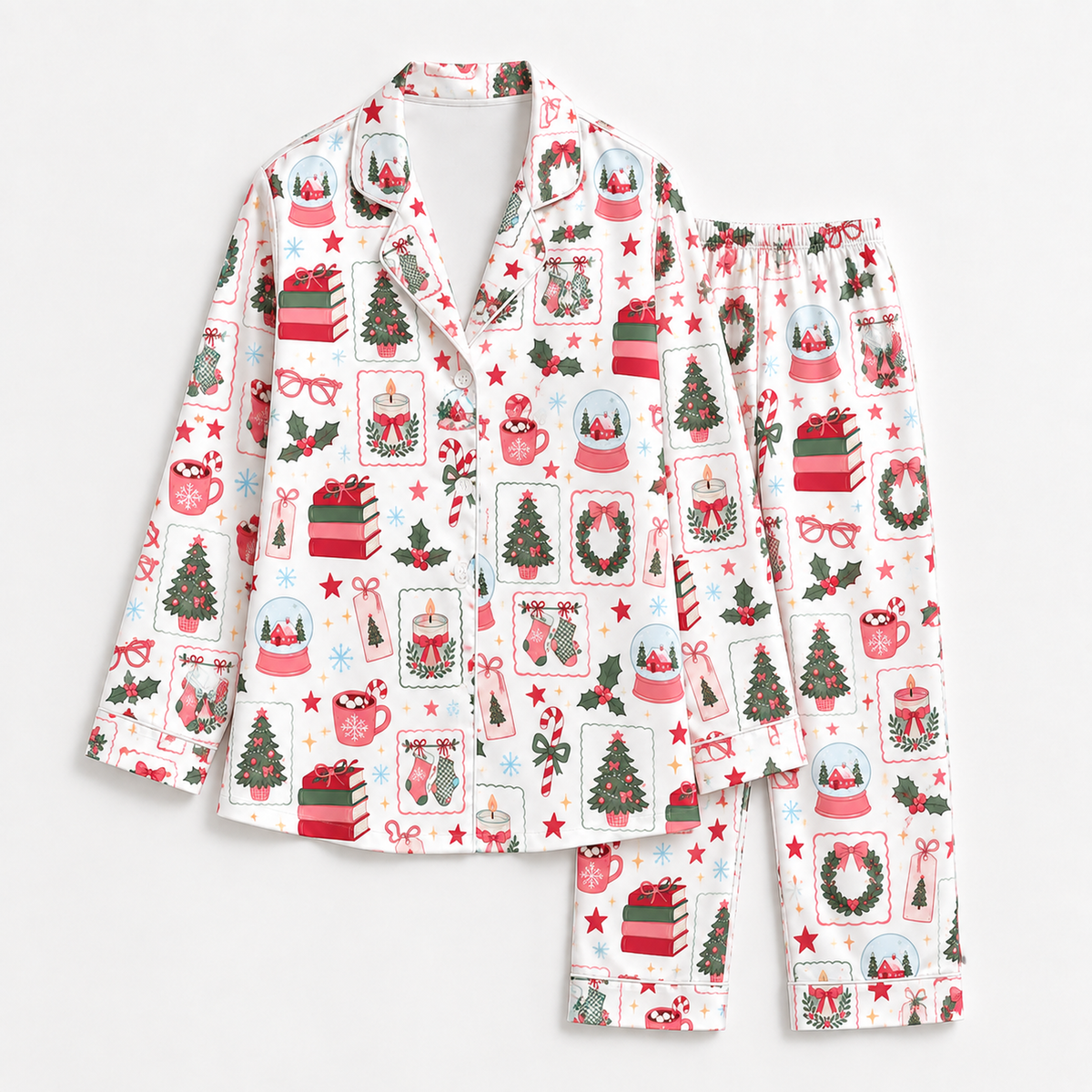 PJ-1952-Christmas Pajama Set, Snow Globe Gift Pajamas, Christmas Tree Candy Cane Holiday Sleepwear, Festive Winter PJs