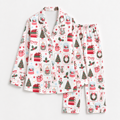 PJ-1952-Christmas Pajama Set, Snow Globe Gift Pajamas, Christmas Tree Candy Cane Holiday Sleepwear, Festive Winter PJs