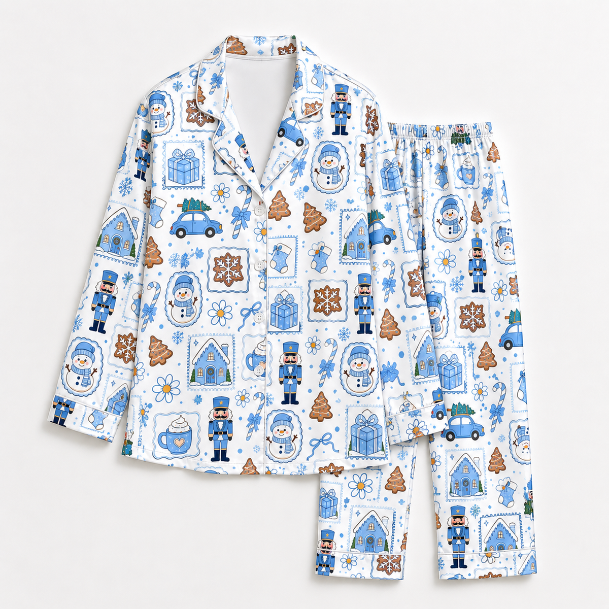 PJ-1954-Christmas Pajama Set, Blue Nutcracker Holiday Pajamas, Gingerbread Gift Winter Sleepwear, Festive Christmas Morning PJs