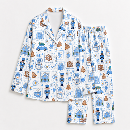 PJ-1954-Christmas Pajama Set, Blue Nutcracker Holiday Pajamas, Gingerbread Gift Winter Sleepwear, Festive Christmas Morning PJs