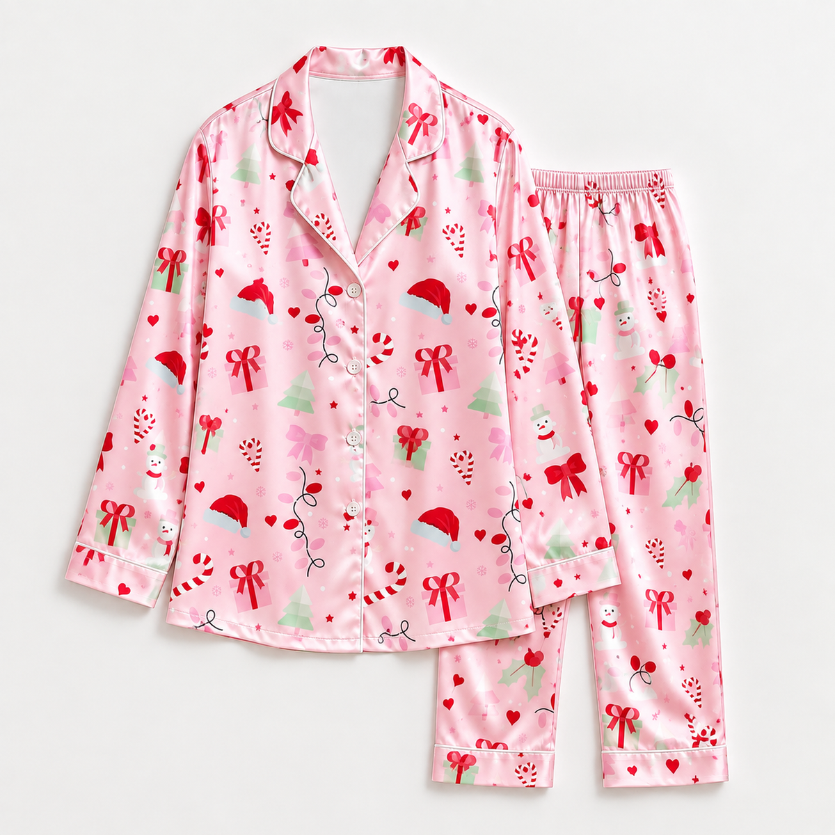 PJ-1955-Christmas Pajama Set, Pink Holiday Bow Pajamas, Santa Hat Candy Cane Sleepwear, Girly Festive Christmas Winter PJs