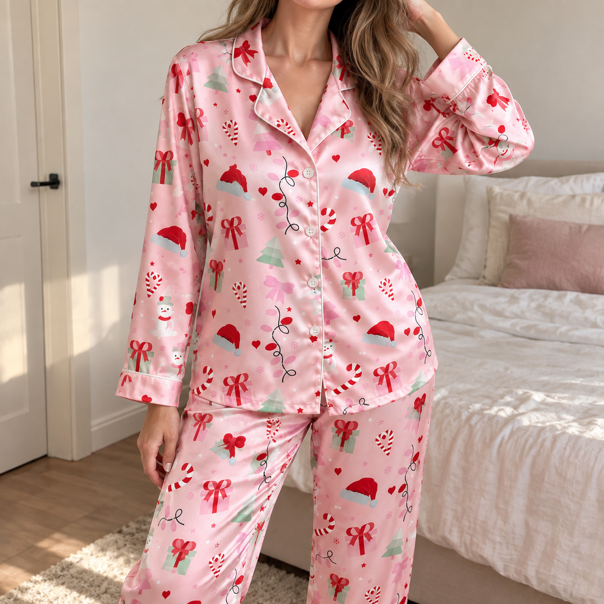 PJ-1955-Christmas Pajama Set, Pink Holiday Bow Pajamas, Santa Hat Candy Cane Sleepwear, Girly Festive Christmas Winter PJs