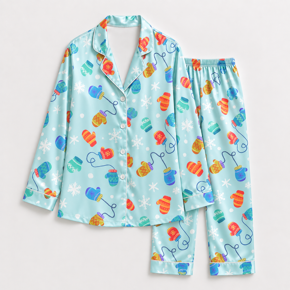 PJ-1956-Christmas Pajama Set, Colorful Winter Mitten Pajamas, Snowflake Holiday Sleepwear, Bright Festive Winter Christmas PJs