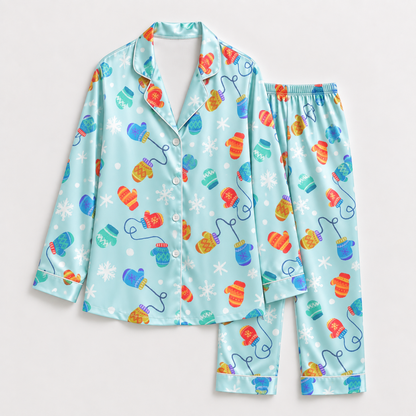 PJ-1956-Christmas Pajama Set, Colorful Winter Mitten Pajamas, Snowflake Holiday Sleepwear, Bright Festive Winter Christmas PJs