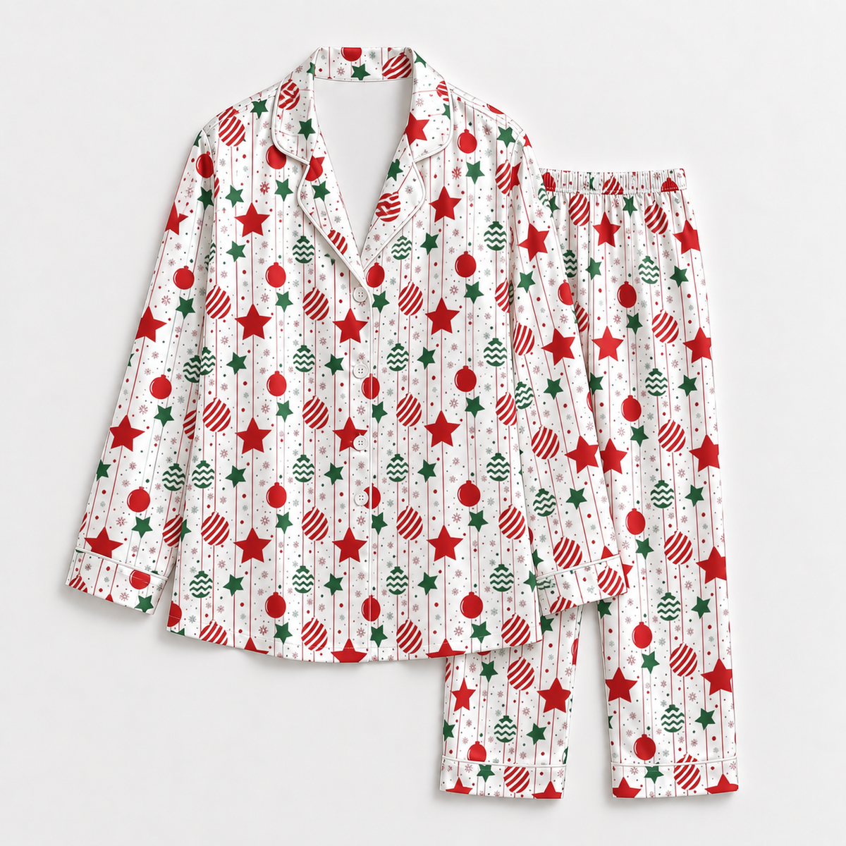 PJ-1957-Christmas Ornament Satin Pajama Set, Red Green Stars Festive Holiday Cozy Sleepwear