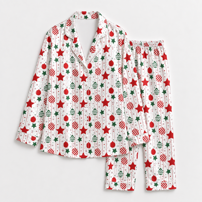 PJ-1957-Christmas Ornament Satin Pajama Set, Red Green Stars Festive Holiday Cozy Sleepwear
