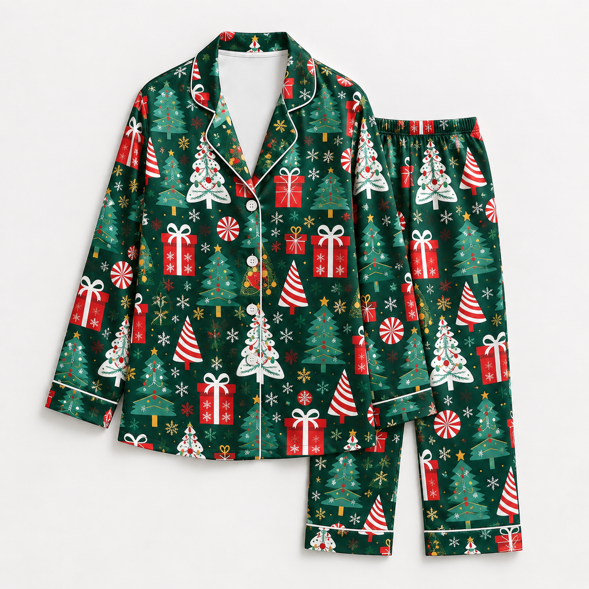 PJ-1958-Christmas Tree Satin Pajama Set, Gift Candy Cane Snowflake Festive Holiday Sleepwear