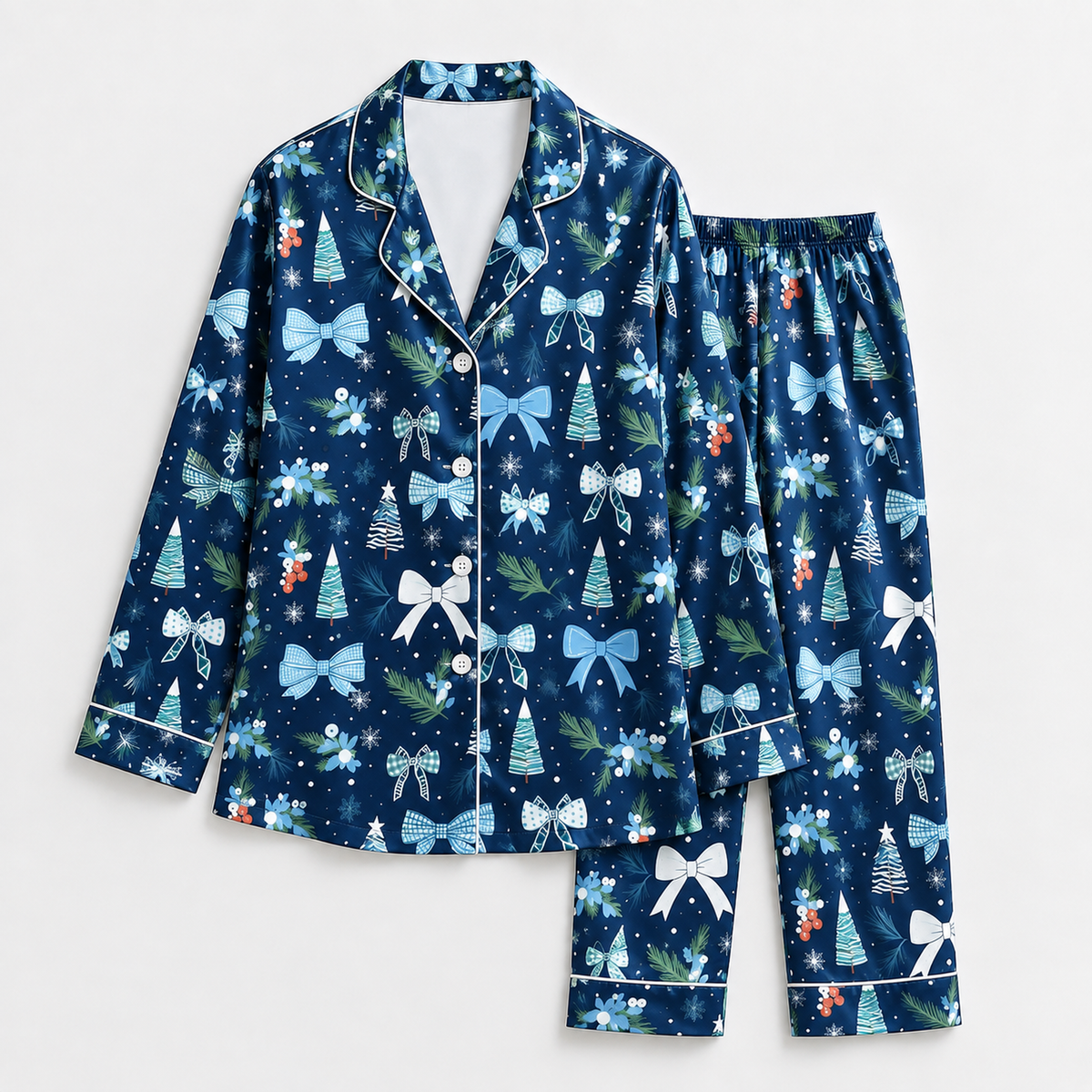 PJ-1959-Blue Christmas Bow Satin Pajama Set, Snowflake Tree Winter Festive Holiday Sleepwear