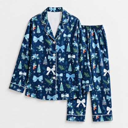 PJ-1959-Blue Christmas Bow Satin Pajama Set, Snowflake Tree Winter Festive Holiday Sleepwear