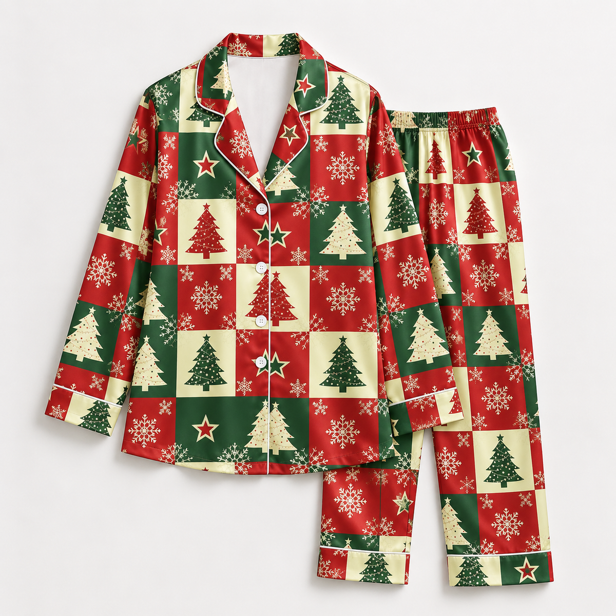 PJ-1960-Vintage Christmas Tree Satin Pajama Set, Red Green Plaid Snowflake Festive Holiday Sleepwear
