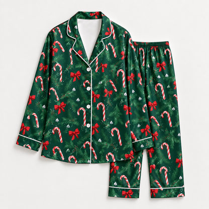 PJ-1962-Candy Cane Bow Christmas Satin Pajama Set, Green Red Festive Holiday Sleepwear