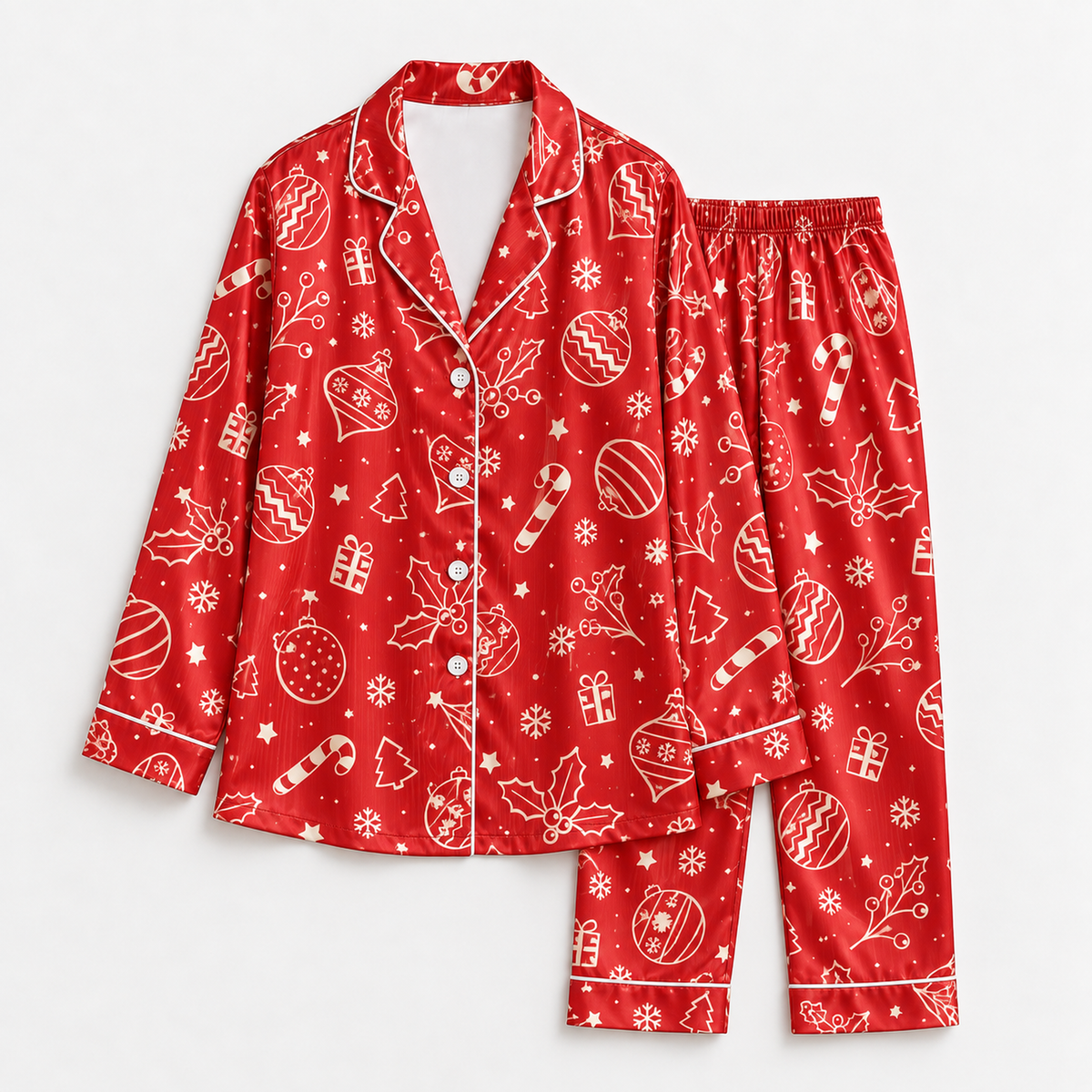 PJ-1963-Red Christmas Ornament Satin Pajama Set, Candy Cane Snowflake Festive Holiday Sleepwear