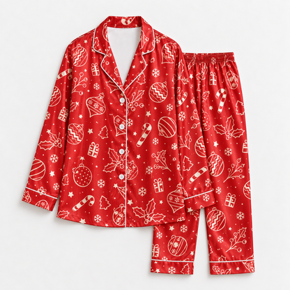 PJ-1963-Red Christmas Ornament Satin Pajama Set, Candy Cane Snowflake Festive Holiday Sleepwear