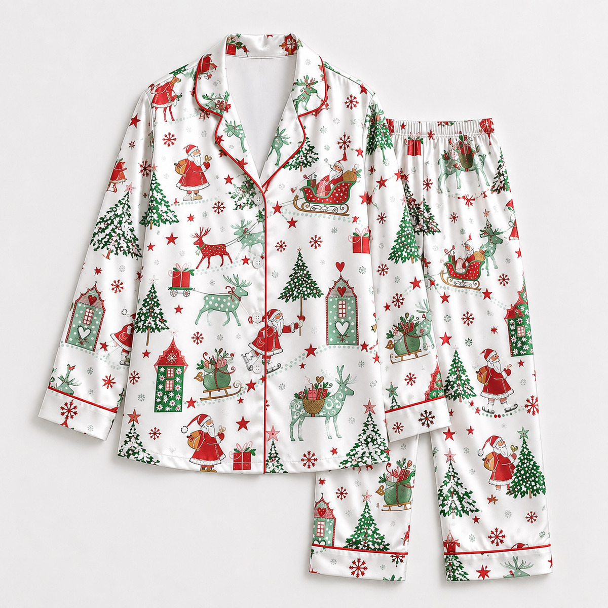 PJ-1964-Santa Reindeer Christmas Satin Pajama Set, Tree Gift Snowflake Festive Holiday Sleepwear