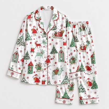 PJ-1964-Santa Reindeer Christmas Satin Pajama Set, Tree Gift Snowflake Festive Holiday Sleepwear