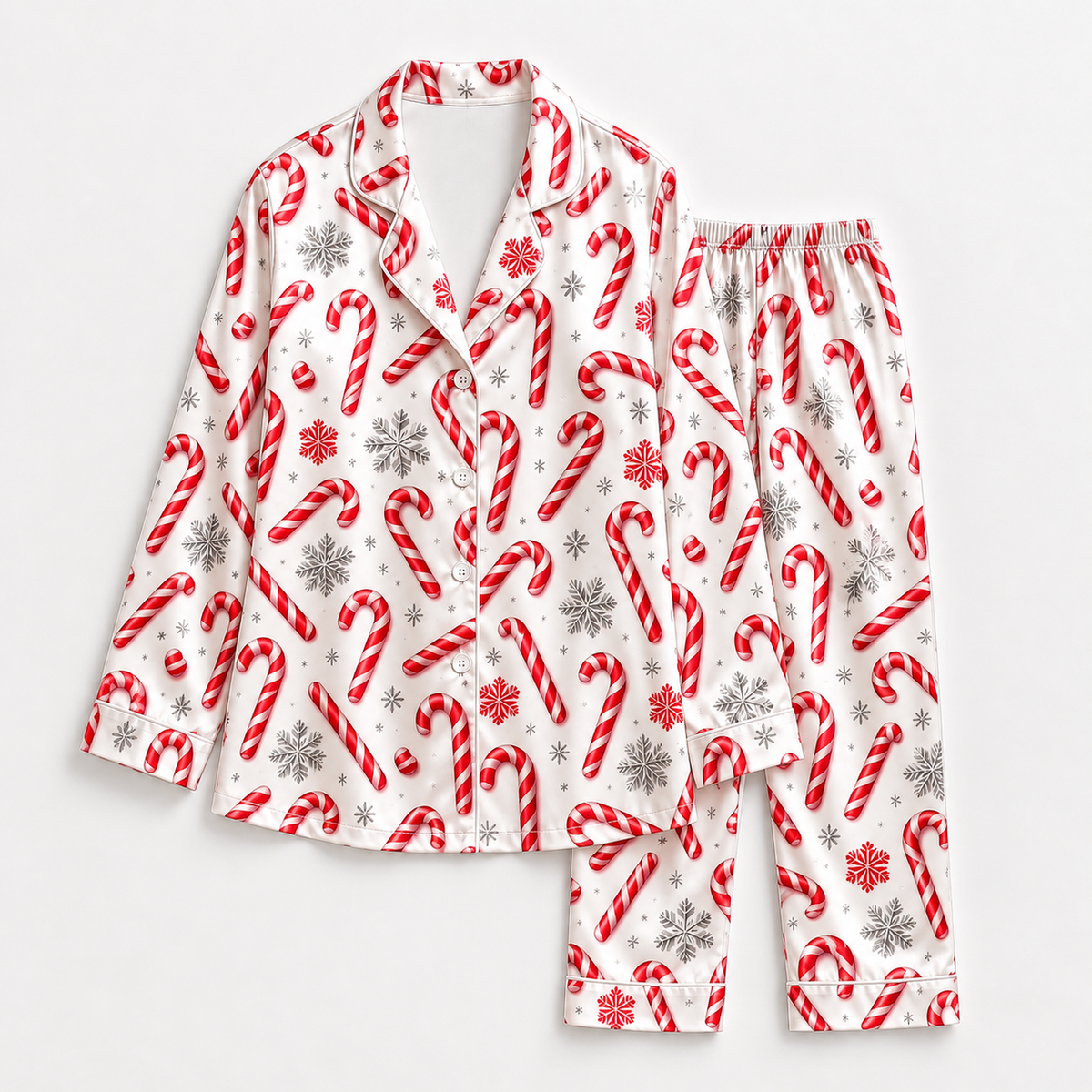 PJ-1965-Candy Cane Christmas Satin Pajama Set, Snowflake Red White Festive Holiday Sleepwear