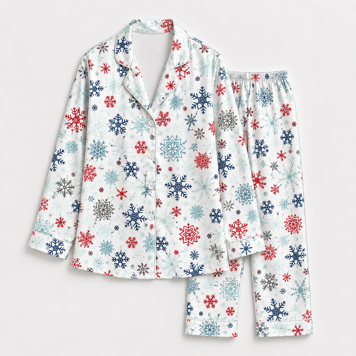 PJ-1966-Snowflake Winter Satin Pajama Set, Red Blue Frosty Snow Cozy Holiday Sleepwear
