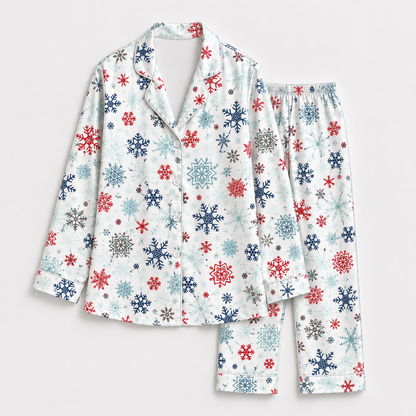 PJ-1966-Snowflake Winter Satin Pajama Set, Red Blue Frosty Snow Cozy Holiday Sleepwear
