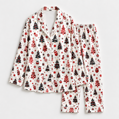 PJ-1967-Christmas Tree Satin Pajama Set, Santa Snowflake Red White Festive Holiday Sleepwear