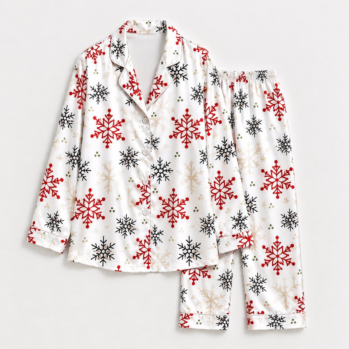 PJ-1968-Snowflake Winter Satin Pajama Set, Red Black Frosty Snow Cozy Holiday Sleepwear