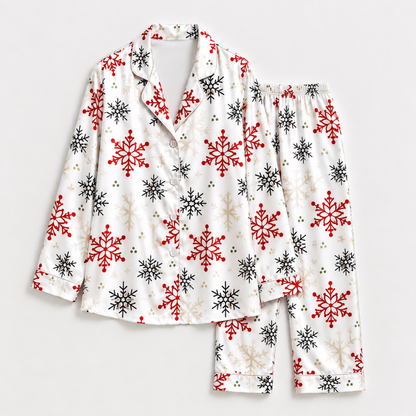 PJ-1968-Snowflake Winter Satin Pajama Set, Red Black Frosty Snow Cozy Holiday Sleepwear