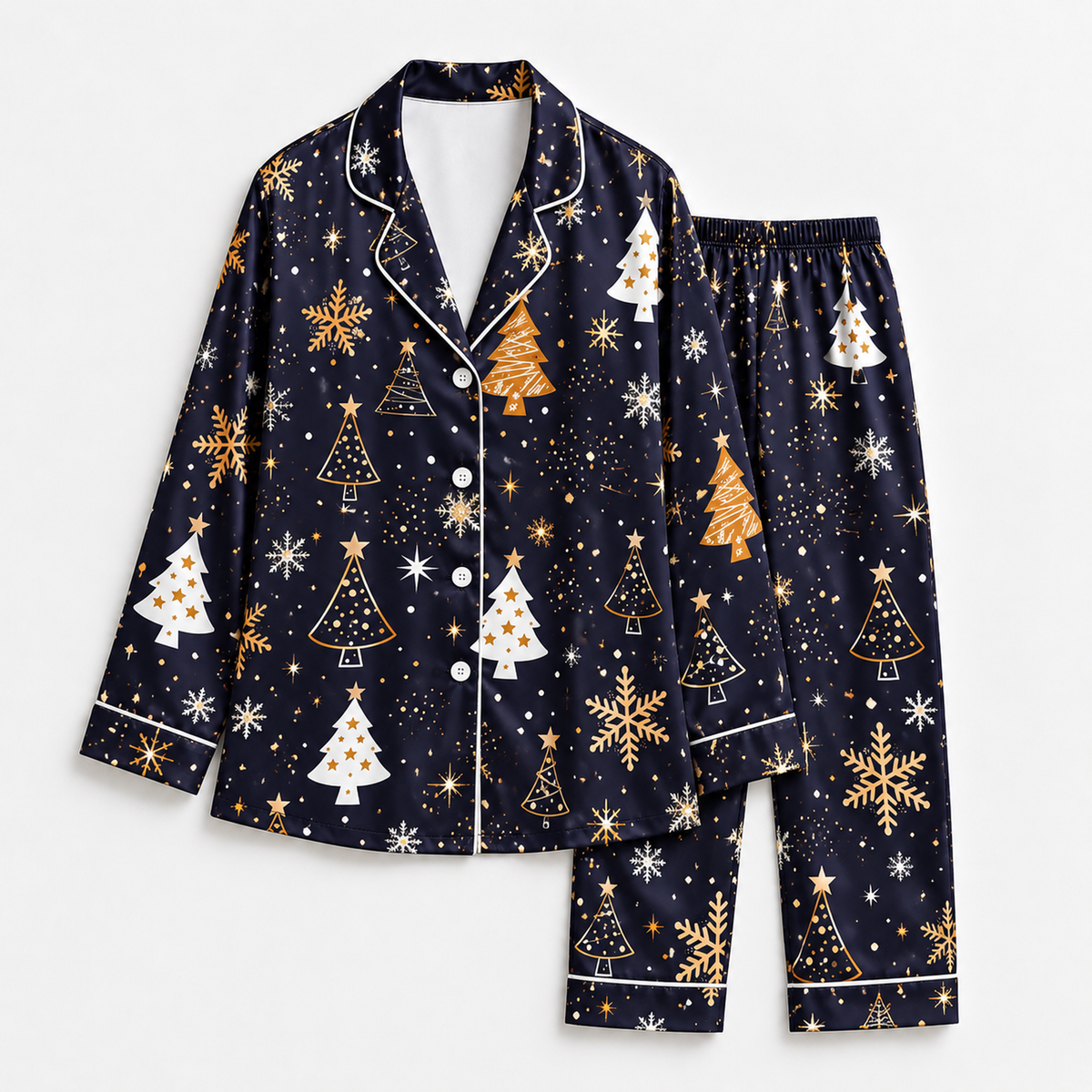 PJ-1969-Navy Christmas Tree Satin Pajama Set, Gold Snowflake Star Festive Holiday Sleepwear