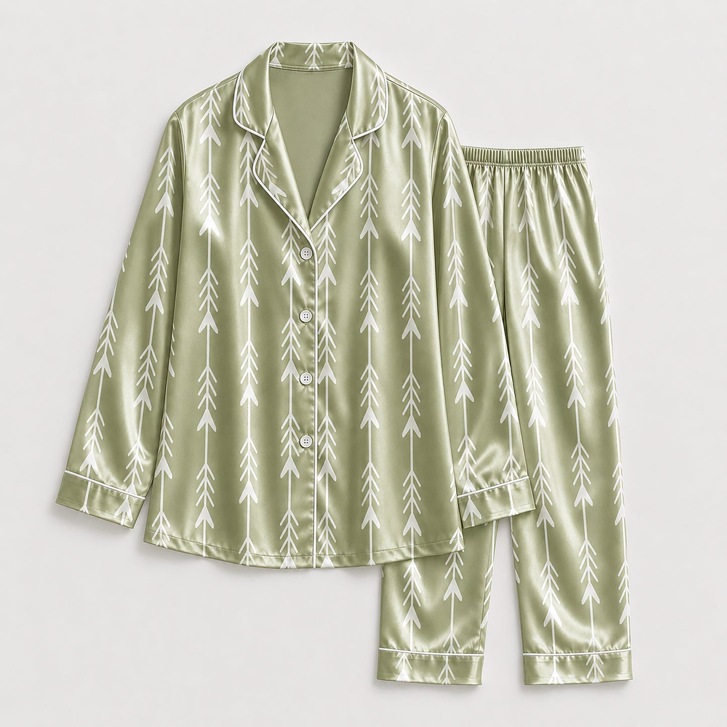 PJ-197-Unisex Satin Pajama Set with Sage Green Arrow Print Button Down Sleepwear Shirt and Pants FREE SHIPING