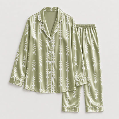 PJ-197-Unisex Satin Pajama Set with Sage Green Arrow Print Button Down Sleepwear Shirt and Pants FREE SHIPING