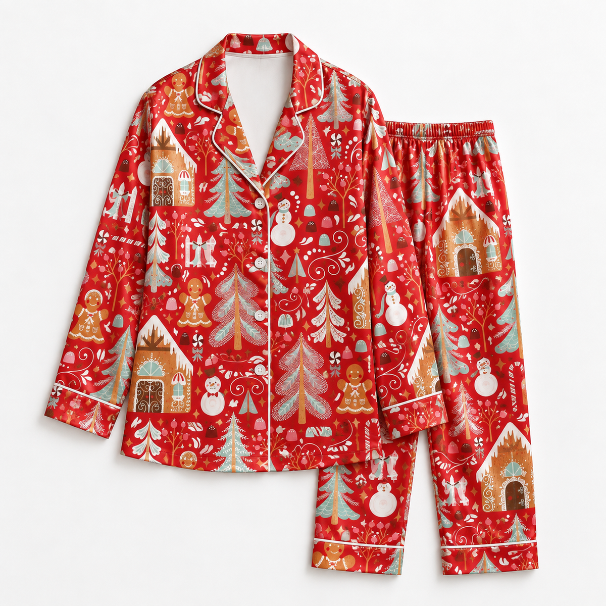 PJ-1970-Gingerbread Christmas Satin Pajama Set, Santa Tree Snowman Festive Holiday Sleepwear