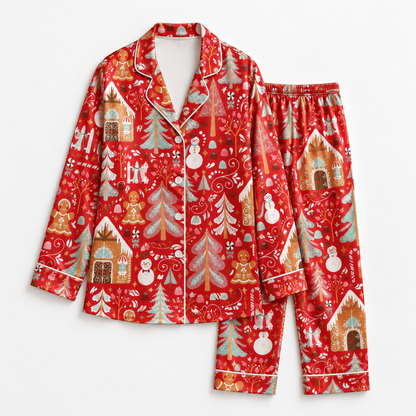 PJ-1970-Gingerbread Christmas Satin Pajama Set, Santa Tree Snowman Festive Holiday Sleepwear