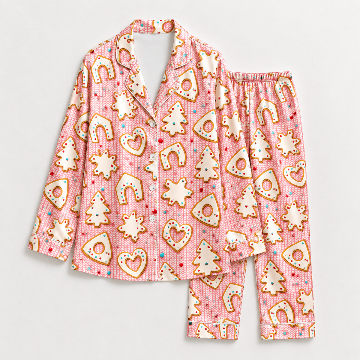 PJ-1972-Pink Gingerbread Christmas Satin Pajama Set, Cookie Candy Cane Festive Holiday Sleepwear