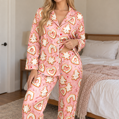 PJ-1972-Pink Gingerbread Christmas Satin Pajama Set, Cookie Candy Cane Festive Holiday Sleepwear