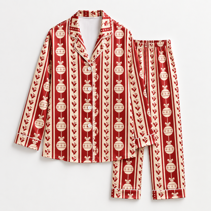 PJ-1973-Vintage Ornament Christmas Satin Pajama Set, Red Stripe Holly Festive Holiday Sleepwear