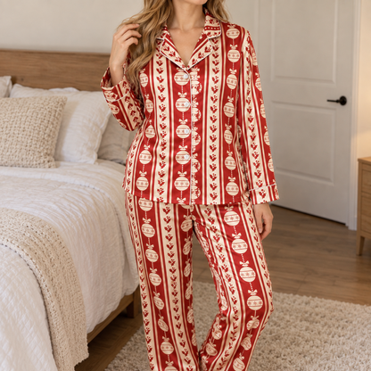 PJ-1973-Vintage Ornament Christmas Satin Pajama Set, Red Stripe Holly Festive Holiday Sleepwear